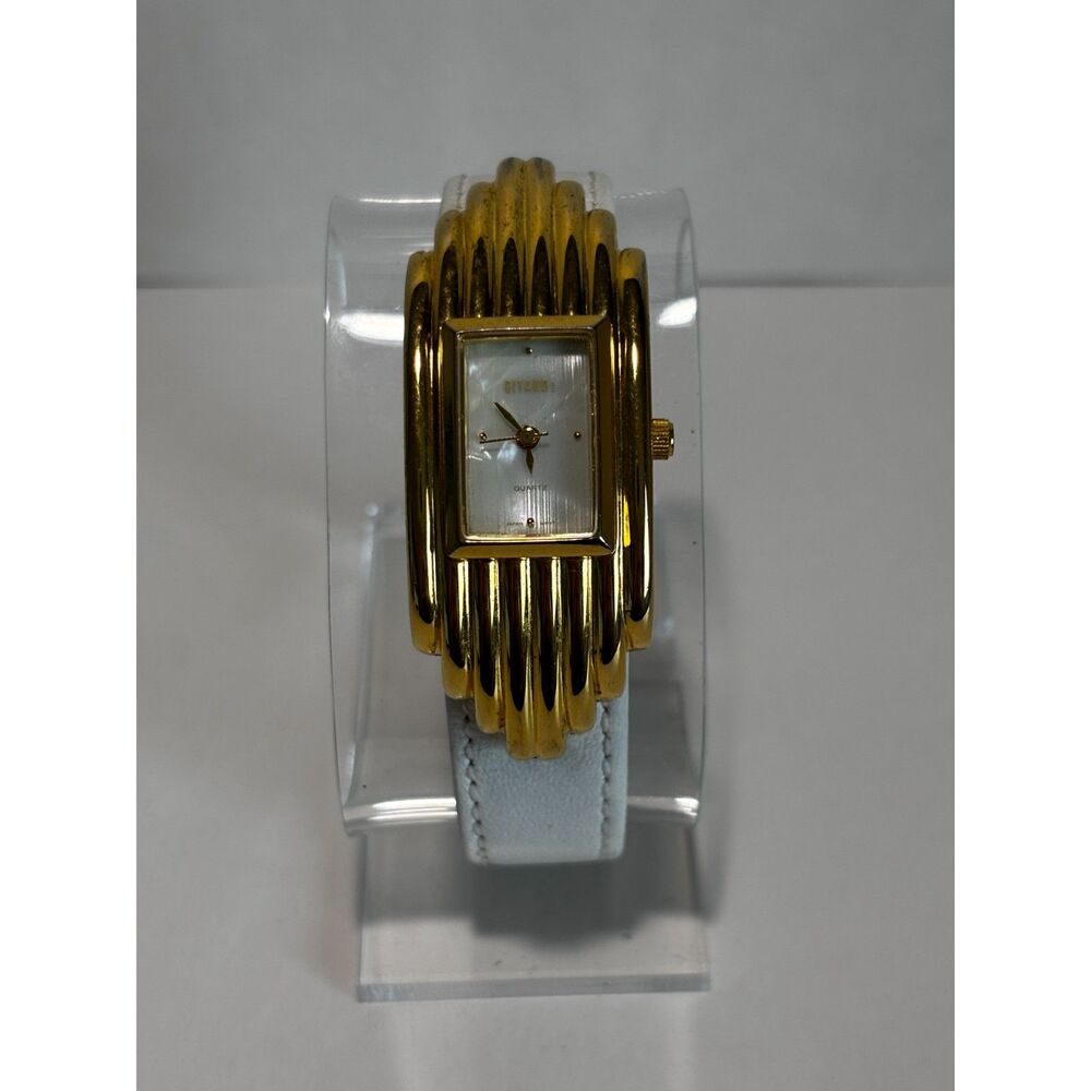 Gitano gold art deco style women's watch, white leather band, working